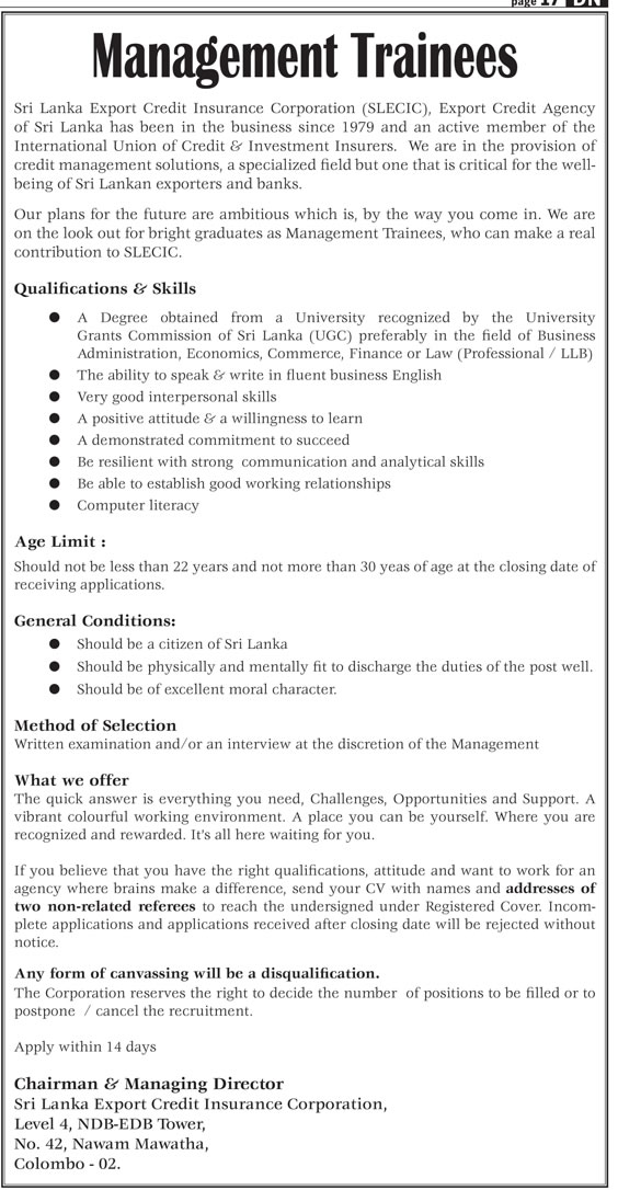 Management Trainees - Sri Lanka Export Credit Insurance Corporation